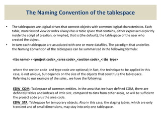 The Naming Convention of the tablespace
• The tablespaces are logical drives that connect objects with common logical characteristics. Each
table, materialized view or index always has a table space that contains, either expressed explicitly
inside the script of creation, or implied, that is (the default), the tablespace of the user who
created the object.
• In turn each tablespace are associated with one or more datafiles. The paradigm that underlies
the Naming Convention of the tablespace can be summarized in the following formula:
<tbs name> = <project code>_<area code>_<section code>_< tbs type>
where the section code and type code are optional; In fact, the technique to be applied in this
case, is not unique, but depends on the size of the objects that constitute the tablespace.
Referring to our example of the sales , we have the following:
EDW_COM: Tablespace of common entities. In the area that we have defined COM, there are
definitely tables and indexes of little size, compared to data from other areas, so will be sufficient
the project code plus the area code.
EDW_STA: Tablespace for temporary objects. Also in this case, the staging tables, which are only
transient and of small dimensions, may stay into only one tablespace.
 