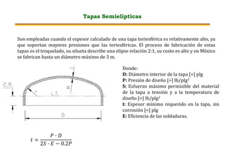 Tapas Semielípticas
Son empleadas cuando el espesor calculado de una tapa toriesférica es relativamente alto, ya
que soportan mayores presiones que las toriesféricas. El proceso de fabricación de estas
tapas es el troquelado, su silueta describe una elipse relación 2:1, su costo es alto y en México
se fabrican hasta un diámetro máximo de 3 m.
𝑡 =
𝑃 ∙ 𝐷
2𝑆 ∙ 𝐸 − 0.2𝑃
Donde:
D: Diámetro interior de la tapa [=] plg
P: Presión de diseño [=] lb/plg2
S: Esfuerzo máximo permisible del material
de la tapa a tensión y a la temperatura de
diseño [=] lb/plg2
t: Espesor mínimo requerido en la tapa, sin
corrosión [=] plg
E: Eficiencia de las soldaduras.
 