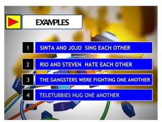 EXAMPLES 1 SINTA AND JOJO SING EACH OTHER 2 RIO AND STEVEN HATE EACH OTHER 3 THE GANGSTERS WERE FIGHTING ONE ANOTHER 4 TELETUBBIES HUG ONE ANOTHER
