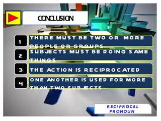 CONCLUSION 1 THERE MUST BE TWO OR MORE PEOPLE OR GROUPS 2 SUBJECTS MUST BE DOING SAME THINGS 3 THE ACTION IS RECIPROCATED 4 ONE ANOTHER IS USED FOR MORE THAN TWO SUBJECTS RECIPROCAL PRONOUN