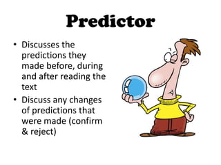 Predictor
• Discusses the
predictions they
made before, during
and after reading the
text
• Discuss any changes
of predictions that
were made (confirm
& reject)