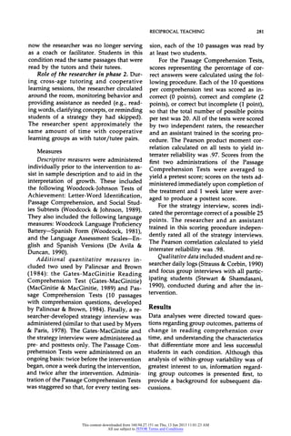 RECIPROCALTEACHING 281
now the researcher was no longer serving
as a coach or facilitator. Students in this
condition read the same passages that were
read by the tutors and their tutees.
Role of the researcherin phase 2. Dur-
ing cross-age tutoring and cooperative
learning sessions, the researcher circulated
around the room, monitoring behavior and
providing assistance as needed (e.g., read-
ing words, clarifying concepts, or reminding
students of a strategy they had skipped).
The researcher spent approximately the
same amount of time with cooperative
learning groups as with tutor/tutee pairs.
Measures
Descriptive measures were administered
individually prior to the intervention to as-
sist in sample description and to aid in the
interpretation of growth. These included
the following Woodcock-Johnson Tests of
Achievement: Letter-Word Identification,
Passage Comprehension, and Social Stud-
ies Subtests (Woodcock & Johnson, 1989).
They also included the following language
measures: Woodcock Language Proficiency
Battery-Spanish Form (Woodcock, 1981),
and the Language Assessment Scales-En-
glish and Spanish Versions (De Avila &
Duncan, 1990).
Additional quantitative measures in-
cluded two used by Palincsar and Brown
(1984): the Gates-MacGinitie Reading
Comprehension Test (Gates-MacGinitie)
(MacGinitie & MacGinitie, 1989) and Pas-
sage Comprehension Tests (10 passages
with comprehension questions, developed
by Palincsar & Brown, 1984). Finally, a re-
searcher-developed strategy interview was
administered (similar to that used by Myers
& Paris, 1978). The Gates-MacGinitie and
the strategy interview were administered as
pre- and posttests only. The Passage Com-
prehension Tests were administered on an
ongoing basis: twice before the intervention
began, once a week during the intervention,
and twice after the intervention. Adminis-
tration of the Passage Comprehension Tests
was staggered so that, for every testing ses-
sion, each of the 10 passages was read by
at least two students.
For the Passage Comprehension Tests,
scores representing the percentage of cor-
rect answers were calculated using the fol-
lowing procedure. Each of the 10 questions
per comprehension test was scored as in-
correct (0 points), correct and complete (2
points), or correct but incomplete (1 point),
so that the total number of possible points
per test was 20. All of the tests were scored
by two independent raters, the researcher
and an assistant trained in the scoring pro-
cedure. The Pearson product moment cor-
relation calculated on all tests to yield in-
terrater reliability was .97. Scores from the
first two administrations of the Passage
Comprehension Tests were averaged to
yield a pretest score; scores on the tests ad-
ministered immediately upon completion of
the treatment and 1 week later were aver-
aged to produce a posttest score.
For the strategy interview, scores indi-
cated the percentage correct of a possible 25
points. The researcher and an assistant
trained in this scoring procedure indepen-
dently rated all of the strategy interviews.
The Pearson correlation calculated to yield
interrater reliability was .98.
Qualitative dataincluded student and re-
searcher daily logs (Strauss & Corbin, 1990)
and focus group interviews with all partic-
ipating students (Stewart & Shamdasani,
1990), conducted during and after the in-
tervention.
Results
Data analyses were directed toward ques-
tions regarding group outcomes, patterns of
change in reading comprehension over
time, and understanding the characteristics
that differentiate more and less successful
students in each condition. Although this
analysis of within-group variability was of
greatest interest to us, information regard-
ing group outcomes is presented first, to
provide a background for subsequent dis-
cussions.
This content downloaded from 160.94.27.151 on Thu, 13 Jun 2013 11:01:23 AM
All use subject to JSTOR Terms and Conditions
 
