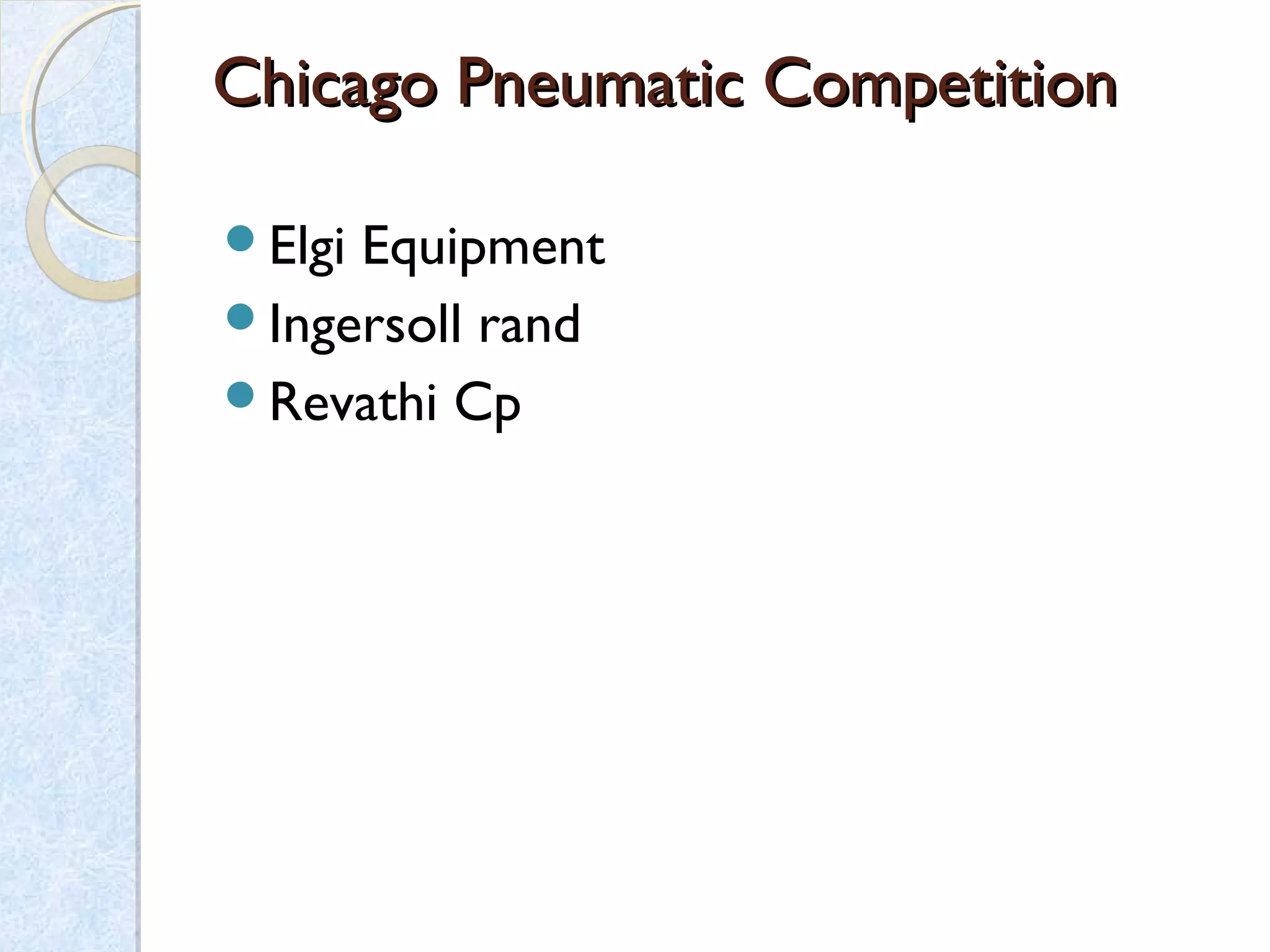 Chicago Pneumatic CompetitionChicago Pneumatic Competition
Elgi Equipment
Ingersoll rand
Revathi Cp
 