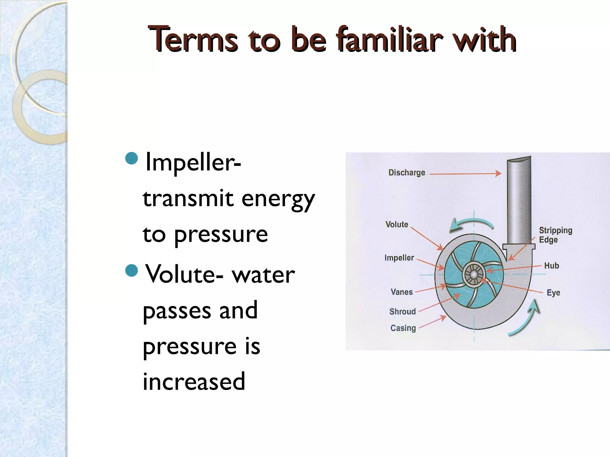 Terms to be familiar withTerms to be familiar with
Impeller-
transmit energy
to pressure
Volute- water
passes and
pressure is
increased
 