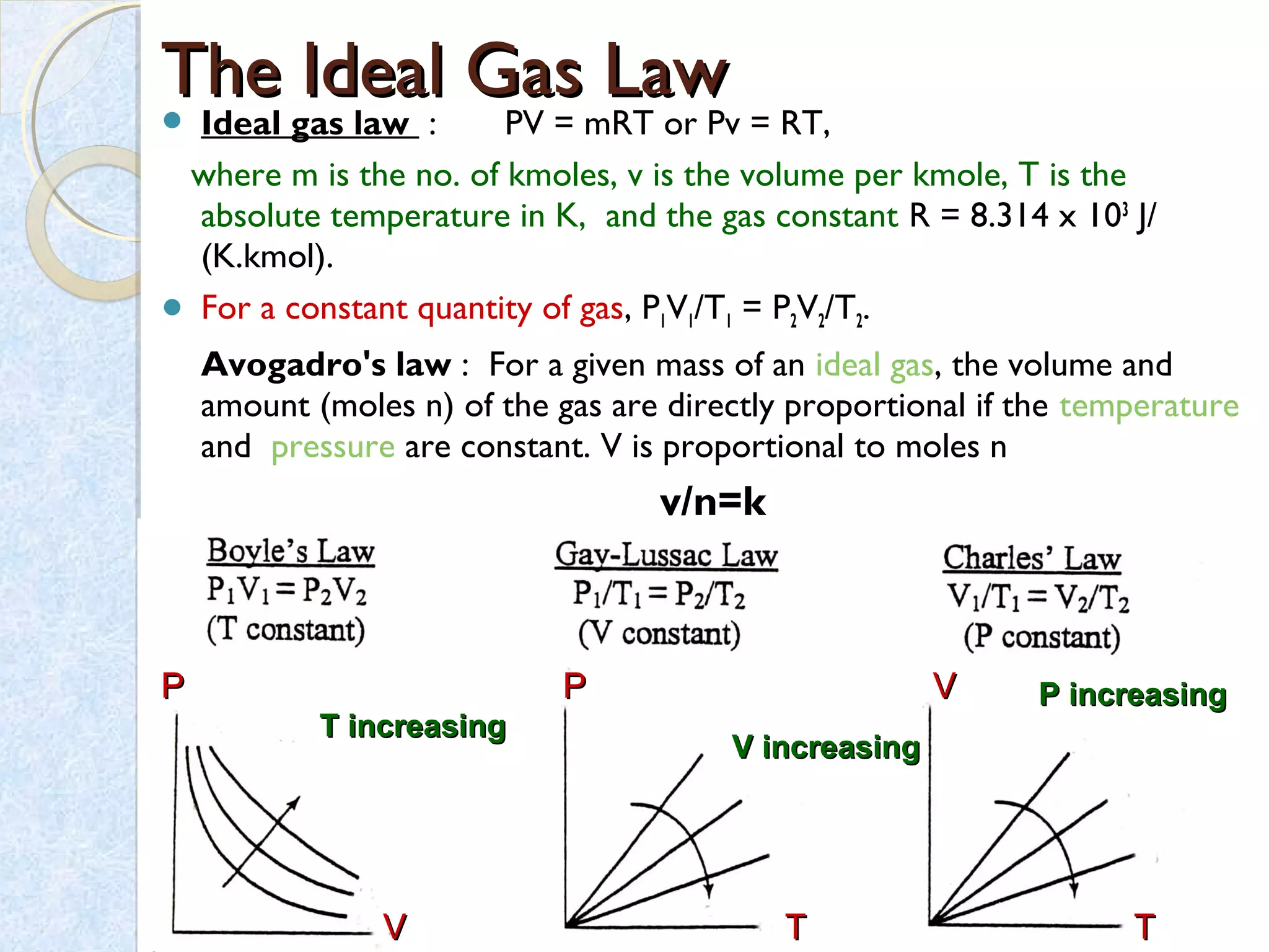 The Ideal Gas LawThe Ideal Gas Law Ideal gas law : PV = mRT or Pv = RT,
where m is the no. of kmoles, v is the volume per kmole, T is the
absolute temperature in K, and the gas constant R = 8.314 x 103
J/
(K.kmol).
 For a constant quantity of gas, P1V1/T1 = P2V2/T2.
Avogadro's law : For a given mass of an ideal gas, the volume and
amount (moles n) of the gas are directly proportional if the temperature
and  pressure are constant. V is proportional to moles n
v/n=k
PP PP VV
VV
T increasingT increasing
TT TT
V increasingV increasing
P increasingP increasing
 