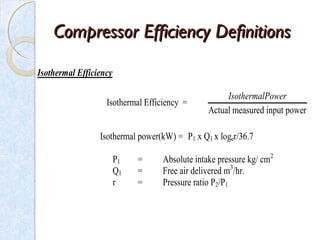 CompressorCompressor Efficiency DefinitionsEfficiency Definitions
Isothermal Efficiency
Isothermal Efficiency =
Actual measured input power
IsothermalPower
Isothermal power(kW) = P1 x Q1 x loger/36.7
P1 = Absolute intake pressure kg/ cm2
Q1 = Free air delivered m3
/hr.
r = Pressure ratio P2/P1
 