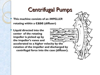 This machine consists of an IMPELLER
rotating within a case (diffuser)
 Liquid directed into the
center of the rotating
impeller is picked up by
the impeller’s vanes and
accelerated to a higher velocity by the
rotation of the impeller and discharged by
centrifugal force into the case (diffuser).
Centrifugal PumpsCentrifugal Pumps
 