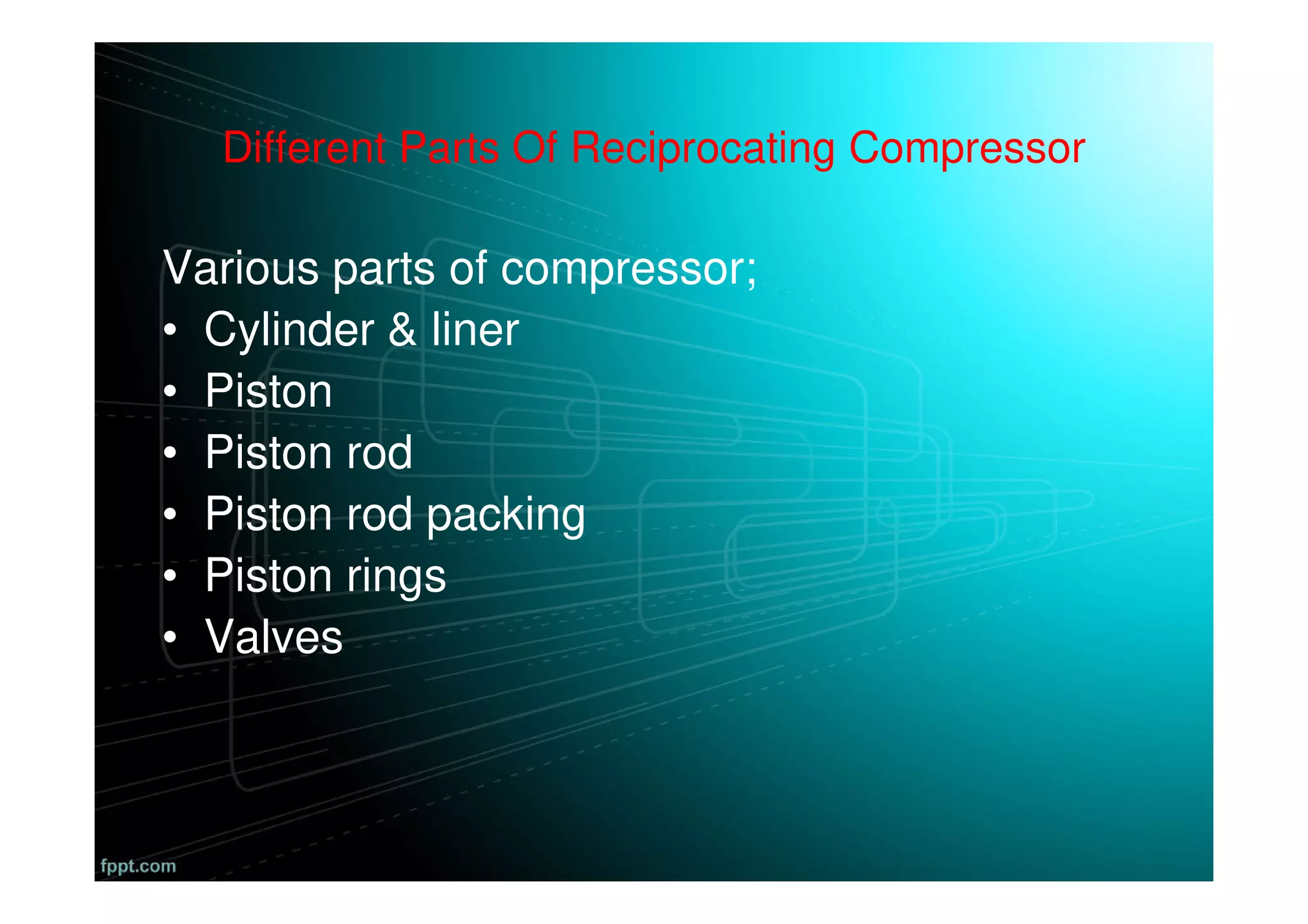 Different Parts Of Reciprocating Compressor
Various parts of compressor;
• Cylinder & liner
• Piston
• Piston rod
• Piston rod packing
• Piston rings
• Valves
 