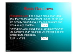 Basic Gas Laws
Avogadro's Law: For a given mass of an ideal
gas, the volume and amount (moles) of the gas
are directly proportional if the temperature and
pressure are constant.
Amonton's Law: states that at constant volume,
the pressure of an ideal gas will increase as the
temperature increases.
P2/P1= kT2/T1
 