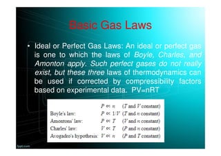Basic Gas Laws
• Ideal or Perfect Gas Laws: An ideal or perfect gas
is one to which the laws of Boyle, Charles, and
Amonton apply. Such perfect gases do not really
exist, but these three laws of thermodynamics can
be used if corrected by compressibility factors
based on experimental data. PV=nRT
 