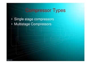 Compressor Types
• Single stage compressors
• Multistage Compressors
 