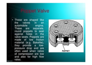 Poppet Valve
• These are shaped like
the valves in an
automobile engine.
These are separate,
round poppets to seat
against holes in the
valve seats. Poppets are
made of low friction
material (e.g. Bakelite),
they provide a low-
pressure drop and are
often used when ratios
of compression are low
and also for high flow
rates.
 