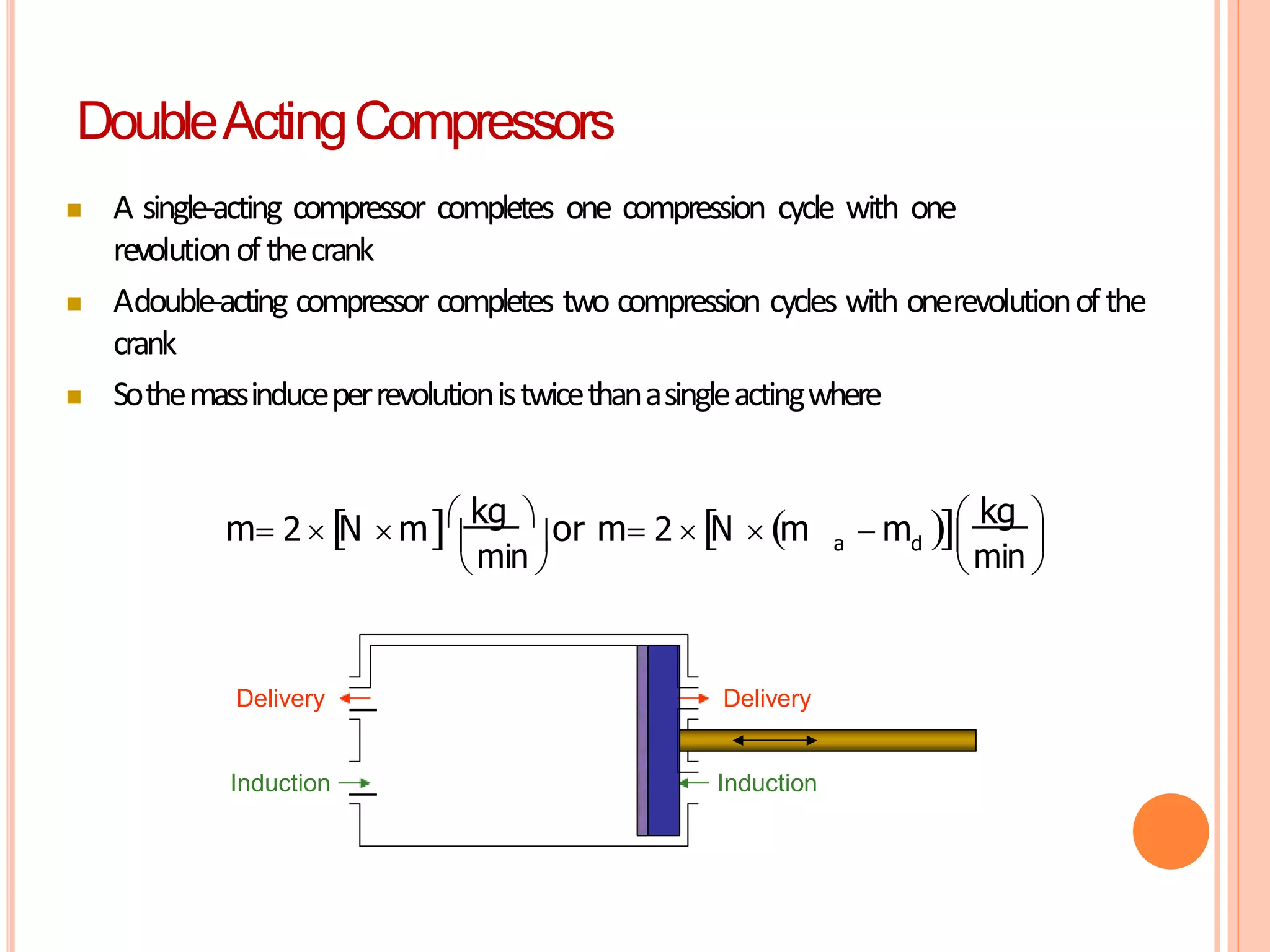  A single-acting compressor completes one compression cycle with one
revolutionofthecrank
 Adouble-acting compressor completes two compression cycles with onerevolutionofthe
crank
 Sothemassinduceperrevolutionistwicethanasingleactingwhere
 
 

min


min
 a d
m 2  N  m kg  or m 2  N  m  m  kg 
Delivery Delivery
Induction
Induction
DoubleActingCompressors
 