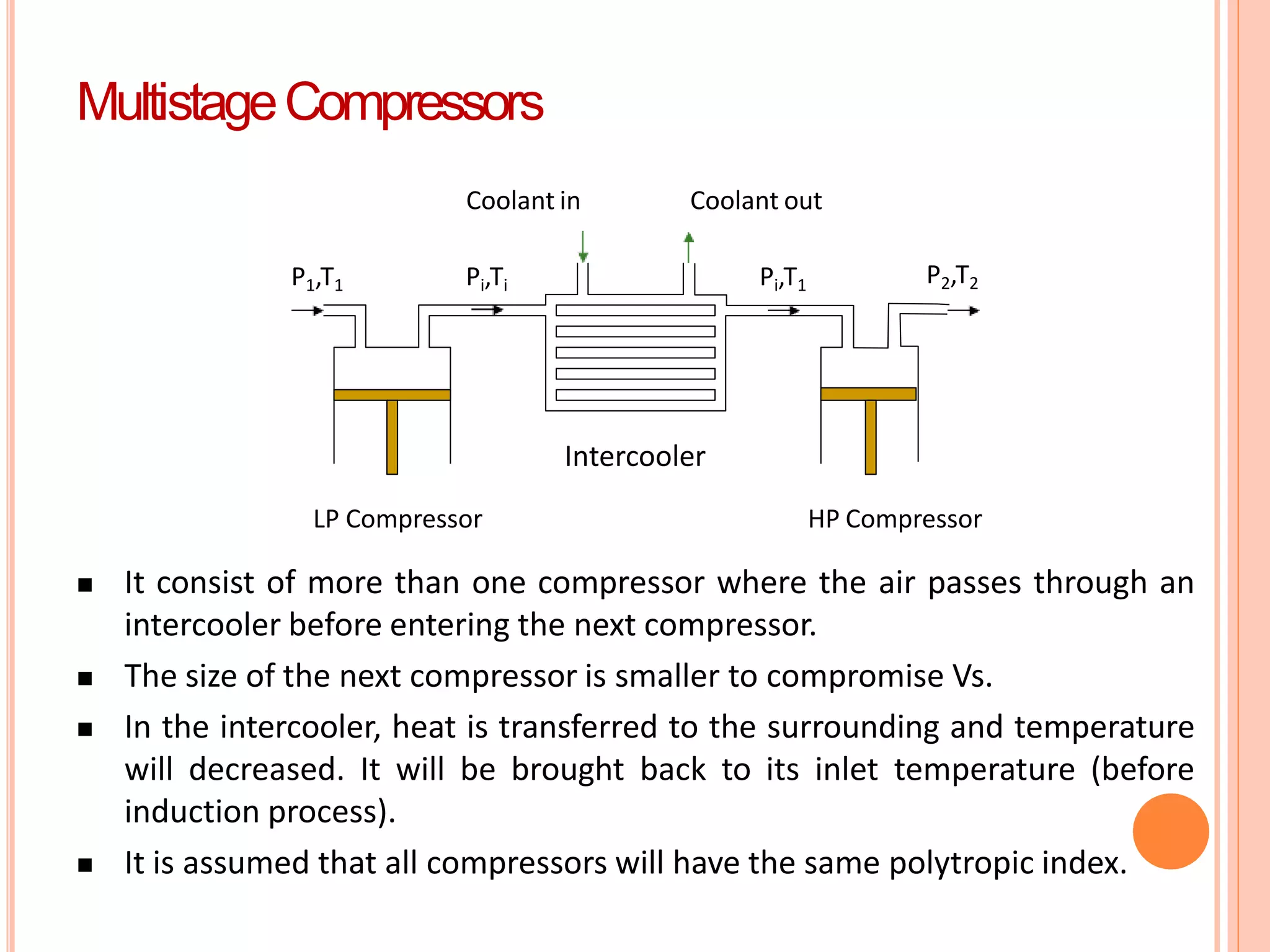 Pi,Ti Pi,T1 P2,T2
P1,T1
Coolant in Coolant out
Intercooler
LP Compressor HP Compressor
 It consist of more than one compressor where the air passes through an
intercooler before entering the next compressor.
 The size of the next compressor is smaller to compromise Vs.
 In the intercooler, heat is transferred to the surrounding and temperature
will decreased. It will be brought back to its inlet temperature (before
induction process).
 It is assumed that all compressors will have the same polytropic index.
MultistageCompressors
 