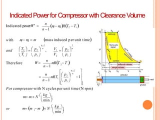 m
1  m
4  m mass induced per unit time
 

min

 

min

m m  N  kg 







1
1 
 
p
 p2 
2  1 
 1   1 
  
p
n 1
m
1  m
4 RT2  T1 
Indicated powerW 
For compressor with N cycles per unit time (N rpm)
Therefore
with
1 4
m m  m  N  kg 
1
2
n 1
or
n
n1
n
 mRT1
n 1
n
W mRT  T 
V
V1
and      ,
T p
 T2   p2   p2 n
n
n
n1 1
IndicatedPowerfor CompressorwithClearanceVolume
 