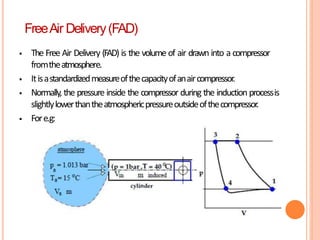  The Free Air Delivery (FAD) is the volume of air drawn into a compressor
fromtheatmosphere.
 Itisastandardizedmeasureofthecapacityofanaircompressor.
 Normally, the pressure inside the compressor during the induction processis
slightlylowerthantheatmosphericpressureoutsideofthecompressor.
 Fore.g:
FreeAir Delivery(FAD)
 
