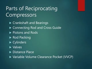 Parts of Reciprocating
Compressors
 Crankshaft and Bearings
 Connecting Rod and Cross Guide
 Pistons and Rods
 Rod Packing
 Cylinders
 Valves
 Distance Piece
 Variable Volume Clearance Pocket (VVCP)
 