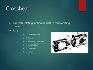 Crosshead
 Converts rotating motion of shaft to reciprocating
motion
 Parts:
 1) Crosshead shoe
 2) Access
 3) Retaining cap screws
 4) Crosshead pin
 5) Crosshead
 6) Shims
 