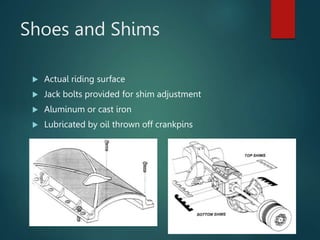 Shoes and Shims
 Actual riding surface
 Jack bolts provided for shim adjustment
 Aluminum or cast iron
 Lubricated by oil thrown off crankpins
 