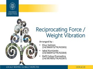 Reciprocating Force /
Weight Vibration
Arranged by :
• Elius Salmon
(14/366973/TK/42265)
• Iqbal Kurnianto
(14/366972/TK/42264)
• Rafif Cahya Pramadina
(14/367005/TK/42287)
 
