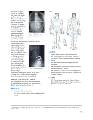 11
procedures for spinal
fixation are the use of
wire cages, rods, screws
and bony fusions. 10
These persons oftentimes
still have sterile dressings
over the incision site.
(Figures 1, 2). In many
cases, the patient referral
for the RGO may be
post-operative spinal
fusion or vertebral
body decompression.
These persons often
have sterile dressings
over the incision site.
Noninvasive procedures often involve placing the
patient under general
anesthesia and exerting
a distractive force on the
spine through skeletal
traction using weights.
The force is applied to the
lower extremities either
by placing the patient
in specialized traction
boots where a pulley
or weights are attached
and a predetermined
force is applied and the
compromised vertebrae(s).
This procedure is
done to realign
the vertebrae reducing the pressure on the spinal
cord and then a spinal orthosis is applied to
retain the positioning of the vertebral body.
Neurologic lesion levels
The Neurological levels of the body are important
to RGO selection because the level of involvement
directly relates to function. (Figure 3)
Thoracic
•	 No motion in lower extremities
•	 Poor sitting without support due to weak abdominal
muscles
Lumbar
•	 L1-hip flexors present (Psoas and Sartorius)
•	 L2- Strong hip flexors moderate hip adductors
(Pectineus, Gracilis, Adductor Longus, Adductor
Brevis)
•	 L3 - Moderate Quadriceps strength with knee
extension
•	 L4 - Strong knee extension (quadriceps), plus foot
inversion (Anterior Tibialis)
•	 L5 - Dorsiflexion of the foot (Extensor Digitorum
Longus, Extensor Hallucis Longus), hip abduction
(Gluteus Medius)
Sacral
•	 S1 - Active plantar flexion foot (Gastroc-Soleus,
Flexor Hallucis Longus, Flexor Digitorum Longus,
Hip Extensors, Gluteus Maximus)
	
   Figure 2: Harrington Rod
	
  Figure 1: Pediatric screw
fixation instrumentation
C2
C2
C3
C3 C4
C4
C5
C5
C5
C5
C6
C7
C7
C7 C7
C7 C7
C7
C8
C6
C6
C6
C6
C8
C8C8
C8
T1T1
T1
T1
T1
T2
T2 T3
3
4
5
6
7
8
9
10
11
12
4
5
6
7
8
9
10
11
12
L1
L1
L2
L2 L2
L3
L3L3
L4
L4 L4
L4
L5
L5 L5
L5
L5
L5
L5
S1
S1
S1 S1
S1 S1
S1
S2
S2
S2
S2
S2
S3 S5
S4
10
Spinal fusion for unstable fractures. Peter F. Ullrich, Jr., MD http://www.spine-health.com/treatment/spinal-fusion/lumbar-spinal-
fusion-surgery
Figure 3
 