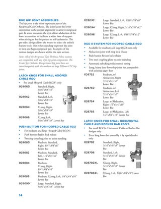 14
RGO Hip Joint Assemblies
The hip joint is the most important part of the
Reciprocal Gait Orthosis. The joint keeps the lower
extremities in the correct alignment to achieve reciprocal
gait. In some instances, the style allows abduction of the
lower extremities to facilitate a wider base of support
when sitting or for the patient to self-catheterize. The
pre-select design allows the wearer to select the unlock
feature to sit, then when standing to permit the joint
to lock and begin reciprocal gait. Examples of the
various designs are shown within the next section.
Note: All of the Reciprocal Gait Orthosis Pelvic sections
are compatible with any style hip joint components. The
Center for Orthotics Design lower hip joint bars are
interchangeable with the medium or large Fillauer LLC hip
joints.
Latch Knob for Small Hooped
Cable RGO
•	 For small Hooped Cable RGO's only
028060	 Standard, Right,
3/16"x5/8"x5"
Lower Bar
028062	 Standard, Left,
3/16"x5/8"x5"
Lower Bar
028064	 XLong, Right,
3/16"x5/8"x9"
Lower Bar
028066	 XLong, Left,
3/16"x5/8"x9" Lower Bar
Push Button For Hooped Cable RGO
•	 For medium and large Hooped Cable RGO's
•	 Push button flexion lock release
•	 Two step coupling plate to assist standing
028080	 Medium, Standard,
Right, 1/4"x3/4"x6"
Lower Bar
028082	 Medium, Standard,
Left, 1/4"x3/4"x6"
Lower Bar
028084	 Medium,
XLong, Right,
1/4"x3/4"x10"
Lower Bar
028086	 Medium, XLong, Left, 1/4"x3/4"x10"
Lower Bar
028090	 Large, Standard, Right,
5/16"x7/8"x8" Lower Bar
028092	 Large, Standard, Left, 5/16"x7/8"x8"
Lower Bar
028094	 Large, XLong, Right, 5/16"x7/8"x12"
Lower Bar
028096	 Large, XLong, Left, 5/16"x7/8"x12"
Lower Bar
RGO II System For Hooped Cable RGO
•	 Available for medium and large RGO sizes only
•	 Abduction joint with ring lock release
•	 Push button flexion lock release
•	 Two step coupling plate to assist standing
•	 Automatic relocking with internal spring
•	 Long, heavy duty lower hip joint bar, compatible
with existing upper bars
026752	 Medium, w/
Abduction, Right
7/16"x3/4"x7"
Lower Bar
026750	 Medium, w/
Abduction, Left
7/16"x3/4"x7"
Lower Bar
026754	 Large, w/Abduction,
Right 1/2"x3/4"x10"
Lower Bar
026756	 Large, w/Abduction, Left
1/2"x3/4"x10" Lower Bar
Latch Knob For Small Horizontal
Cable and Rocker Bar RGO's
•	 For small RGO's, Horizontal Cable or Rocker Bar
designs only
•	 Extra long lower bar assembly is by special order
only
028702	 Standard, Right,
3/16"x5/8"x5" Lower
Bar
028706	 Standard, Left,
3/16"x5/8"x5" Lower
Bar
028702XL	 XLong, Right,
3/16"x5/8"x9" Lower
Bar
028706XL	 XLong, Left, 3/16"x5/8"x9" Lower
Bar
 