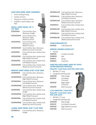 16
Cam Lock Knee Joint Assembly
•	 Secure and long wearing
•	 Stainless steel joint
•	 Aluminum or stainless steel bars
•	 Available in small, medium, and
large
Small Joint Head, 1/8" X
1/2" Bar
023520SA	 Cam Lock Knee Joint,
Aluminum, Straight
023520SAR	 Cam Lock Knee Joint,
Aluminum, Right,
Medial Contoured
023520SAL	 Cam Lock Knee Joint,
Aluminum, Left,
Medial Contoured
023520SAB	 Cam Lock Knee Joint, Aluminum,
Medial and Lateral, Contoured
023520SS	 Cam Lock Knee Joint, Stainless Steel,
Straight
023520SSR	 Cam Lock Knee Joint, Stainless Steel,
Right Medial Contoured
023520SSL	 Cam Lock Knee Joint, Stainless Steel,
Left Medial Contoured
023520SSB	 Cam Lock Knee Joint, Stainless Steel,
Medial and Lateral Contoured
Medium Joint Head, 3/16" X 5/8" Bar
023560MA	 Cam Lock Knee Joint, Aluminum,
Straight
023560MAR	 Cam Lock Knee Joint, Aluminum,
Right Medial Contoured
023560MAL	 Cam Lock Knee Joint, Aluminum,
Left Medial Contoured
023560MAB	 Cam Lock Knee Joint, Aluminum,
Medial and Lateral Contoured
023560MS	 Cam Lock Knee Joint, Stainless Steel,
Straight
023560MSR	 Cam Lock Knee Joint, Stainless Steel,
Right Medial Contoured
023560MSL	 Cam Lock Knee Joint, Stainless Steel,
Left Medial Contoured
023560MSB	 Cam Lock Knee Joint, Stainless Steel,
Medial and Lateral Contoured
Large Joint Head, 3/16" X 3/4" Bar
023560LA	 Cam Lock Knee Joint, Aluminum,
Straight
023560LAR	 Cam Lock Knee Joint, Aluminum,
Right Medial Contoured
023560LAL	 Cam Lock Knee Joint, Aluminum,
Left Medial Contoured
023560LAB	 Cam Lock Knee Joint, Aluminum,
Medial and Lateral Contoured
023560LS	 Cam Lock Knee Joint, Stainless Steel,
Straight
023560LSR	 Cam Lock Knee Joint, Stainless Steel,
Right Medial Contoured
023560LSL	 Cam Lock Knee Joint, Stainless Steel,
Left Medial Contoured
023560LSB	 Cam Lock Knee Joint, Stainless Steel,
Medial and Lateral Contoured
Cable Release Kit
023463	 Cable Release Kit
Spring Loaded Lever Lift
•	 Stainless
029033	 Complete Assembly
029009	 Rod
029017	 Spring
029025	 Guide Post
King Pin Lock Knee Joint Kit with
Lever Release and Bail
King Pin™ Lock Knee Joint Pair, with Lever
•	 Bail Rod, 12” Long
•	 Upright Kits Sold Separately
025500	 Both Straight
025510	 Left Medial
Contoured
025520	 Right Medial
Contoured
025530	 Both Contoured
L/XL King Pin™ Lock Kits
King Pin™ Lock Knee Joint
Pair, with Lever
•	 Bail Rod, 15” Long
•	 Upright Kits Sold Separately
025400	 Both Straight
025410	 Left Medial Contoured
025420	 Right Medial Contoured
025430	 Both Contoured
 