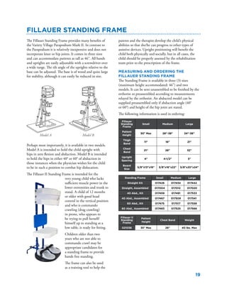 19
Fillauer Standing Frame
The Fillauer Standing Frame provides many benefits of
the Variety Village Parapodium Mark II. In contrast to
the Parapodium it is relatively inexpensive and does not
incorporate knee or hip joints. It comes in three sizes
and can accommodate patients as tall as 46". All bands
and uprights are easily adjustable with a screwdriver over
a wide range. The tilt angle of the uprights relative to the
base can be adjusted. The base is of wood and quite large
for stability, although it can easily be reduced in size.
Perhaps most importantly, it is available in two models.
Model A is intended to hold the child upright with
hips in zero flexion and abduction. Model B is intended
to hold the hips in either 40° or 60° of abduction in
those instances when the physician wishes for the child
to be in such a position to combat hip dislocation.
The Fillauer II Standing Frame is intended for the
very young child who lacks
sufficient muscle power in the
lower extremities and trunk to
stand. A child of 12 months
or older with good head
control in the vertical position
and who is commando
crawling (drag crawling)
in prone, who appears to
be trying to pull herself/
himself up to standing at a
low table, is ready for fitting.
Children older than two
years who are not able to
commando crawl may be
appropriate candidates for
a standing frame to provide
hands free standing.
The frame can also be used
as a training tool to help the
parents and the therapist develop the child’s physical
abilities so that she/he can progress to other types of
assistive devices. Upright positioning will benefit the
child both physically and socially, but in all cases, the
child should be properly assessed by the rehabilitation
team prior to the prescription of the frame.
Measuring and Ordering The
Fillauer Standing Frame
The Standing Frame is available in three (3) sizes
(maximum height accommodated: 46") and two
models. It can be sent unassembled to be finished by the
orthotist or preassembled according to measurements
relayed by the orthotist. An abducted model can be
supplied preassembled only if abduction angle (40°
or 60°) and height of the hip joint are stated.
The following information is used in ordering:
Fillauer
Standing
Frame
Small Medium Large
Patient
Height
30" Max 28"-38" 34"-36"
Thigh
Band
11" 16" 21"
Chest
Band
21" 26" 32"
Upright
Spacing
4" 4-1/2" 5"
Board
Size
5/8"x13"x16" 5/8"x16"x22" 5/8"x20"x24"
Standing Frame Small Medium Large
Straight Kit 017426 017434 017442
Straight, Assembled 017004 017012 017020
40 Abd., Kit 017459 017491 017533
40 Abd., Assembled 017467 017509 017541
60 Abd., Kit 017475 017517 017558
60 Abd., Assembled 017483 017525 017566
Fillauer II
Standing
Frame
Patient
Height
Chest Band Weight
021036 35" Max 26" 40 lbs. Max
Model A Model B
 