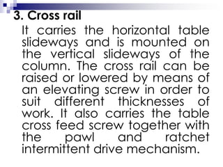 3. Cross rail
It carries the horizontal table
slideways and is mounted on
the vertical slideways of the
column. The cross rail can be
raised or lowered by means of
an elevating screw in order to
suit different thicknesses of
work. It also carries the table
cross feed screw together with
the pawl and ratchet
intermittent drive mechanism.
 
