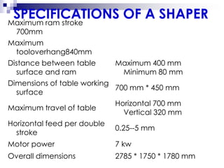 SPECIFICATIONS OF A SHAPERMaximum ram stroke
700mm
Maximum
tooloverhang840mm
Distance between table
surface and ram
Maximum 400 mm
Minimum 80 mm
Dimensions of table working
surface
700 mm * 450 mm
Maximum travel of table
Horizontal 700 mm
Vertical 320 mm
Horizontal feed per double
stroke
0.25--5 mm
Motor power 7 kw
Overall dimensions 2785 * 1750 * 1780 mm
 