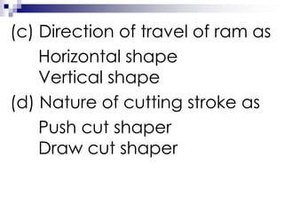 (c) Direction of travel of ram as
Horizontal shape
Vertical shape
(d) Nature of cutting stroke as
Push cut shaper
Draw cut shaper
 