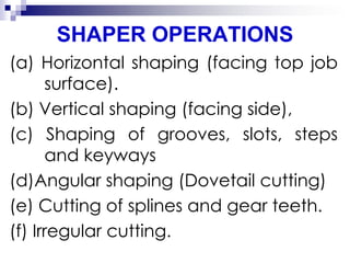 SHAPER OPERATIONS
(a) Horizontal shaping (facing top job
surface).
(b) Vertical shaping (facing side),
(c) Shaping of grooves, slots, steps
and keyways
(d)Angular shaping (Dovetail cutting)
(e) Cutting of splines and gear teeth.
(f) Irregular cutting.
 