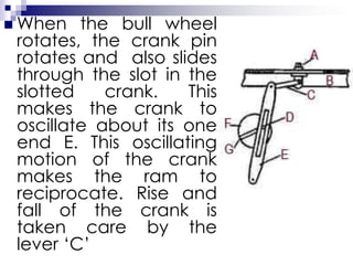  When the bull wheel
rotates, the crank pin
rotates and also slides
through the slot in the
slotted crank. This
makes the crank to
oscillate about its one
end E. This oscillating
motion of the crank
makes the ram to
reciprocate. Rise and
fall of the crank is
taken care by the
lever ‘C’
 