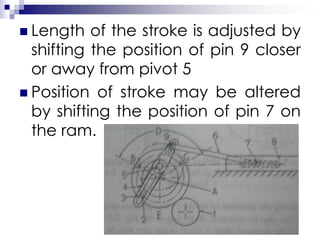  Length of the stroke is adjusted by
shifting the position of pin 9 closer
or away from pivot 5
 Position of stroke may be altered
by shifting the position of pin 7 on
the ram.
 