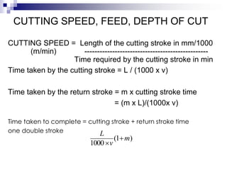 CUTTING SPEED, FEED, DEPTH OF CUT
CUTTING SPEED = Length of the cutting stroke in mm/1000
(m/min) -------------------------------------------------
Time required by the cutting stroke in min
Time taken by the cutting stroke = L / (1000 x v)
Time taken by the return stroke = m x cutting stroke time
= (m x L)/(1000x v)
Time taken to complete = cutting stroke + return stroke time
one double stroke
)1(
1000
m
v
L


 