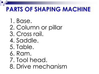 PARTS OF SHAPING MACHINE
1. Base.
2. Column or pillar
3. Cross rail.
4. Saddle.
5. Table.
6. Ram.
7. Tool head.
8. Drive mechanism
 