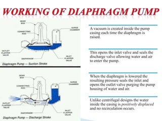 A vacuum is created inside the pump
casing each time the diaphragm is
raised.
This opens the inlet valve and seals the
discharge valve allowing water and air
to enter the pump.
When the diaphragm is lowered the
resulting pressure seals the inlet and
opens the outlet valve purging the pump
housing of water and air.
Unlike centrifugal designs the water
inside the casing is positively displaced
and no recirculation occurs.
 