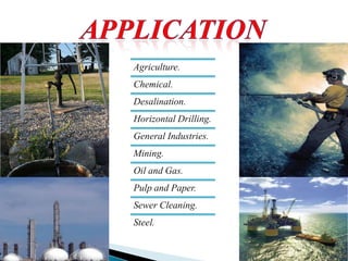 Agriculture.
Chemical.
Desalination.
Horizontal Drilling.
General Industries.
Mining.
Oil and Gas.
Pulp and Paper.
Sewer Cleaning.
Steel.
 