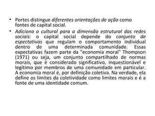Portes distingue  diferentes orientações de ação  como fontes de capital social. Adiciona o cultural para a dimensão estrutural das redes sociais : o capital social depende do  conjunto de espectativas  que regulam o comportamento individual dentro de uma determinada comunidade. Essas expectativas fazem parte da "economia moral" Thompson (1971) ou seja, um conjunto compartilhado de normas morais, que é considerado significativo, inquestionável e legítimo por membros de uma comunidade em particular. A economia moral é, por definição coletiva. Na verdade, ela define os limites da coletividade como limites morais e é a fonte de uma identidade comum.   