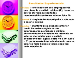 1º Período  excluindo um dos empregadores
que oferecia o salário mínimo (2), todos os
outros ofereciam resultados
compreendidos entre os valores 20 e 50
2º Período  surgiu outro empregador a oferecer
o salário mínimo
Seguintes  manteve-se a situação anterior,
tendo inclusive surgido outros
empregadores a oferecer o mínimo,
observando-se a dilatação do intervalo de
valores oferecidos para o salário
compreendidos, agora, entre 10 e 70. Após
o 8º período este intervalo diminuiu com os
salários mais baixos a terem cada vez
mais relevância
Resultados Experimentais
 