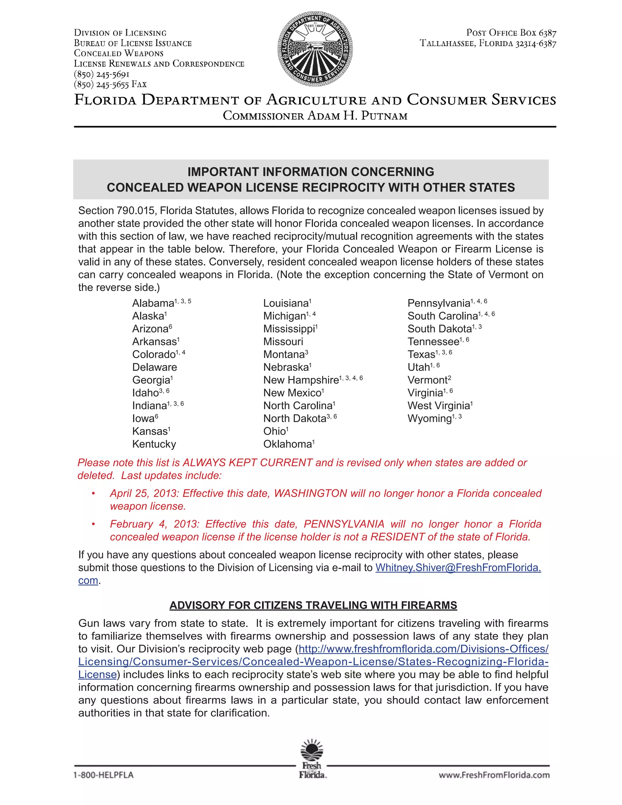 Reciprocity list for Florida Concealed Carry Gun Owners | PDF