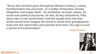 124
“Every few hundred years throughout Western history, a sharp
transformation has occurred…In a matter of decades, society
altogether rearranges itself – its worldview, its basic values, its
social and political structures, its arts, its key institutions. Fifty
years later a new world exists. And the people born into that
world cannot even imagine the world in which their grandparents
lived and into which their own parents were born. Our age is such
a period of transformation”
-- Peter Drucker
 