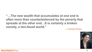 29
“…The new wealth that accumulates at one end is
often more than counterbalanced by the poverty that
spreads at the other end…It is certainly a broken
society, a two-faced world.”
-- Carlota Perez
 