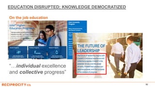 EDUCATION DISRUPTED; KNOWLEDGE DEMOCRATIZED
82
On the job education
“…individual excellence
and collective progress”
 