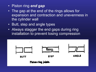 Piston ring  end gap The gap at the end of the rings allows for expansion and contraction and unevenness in the cylinder wall Butt, step and angle types  Always stagger the end gaps during ring installation to prevent losing compression 