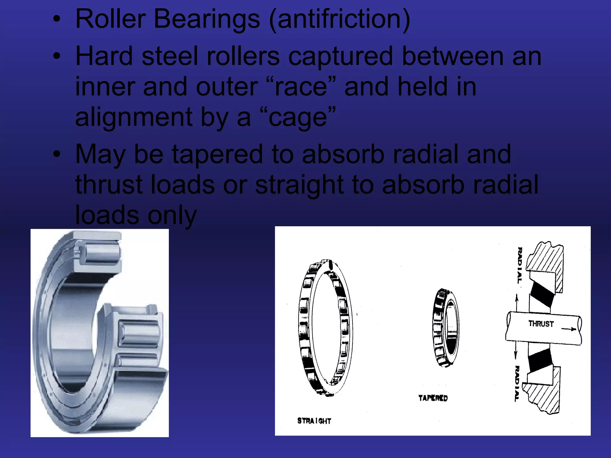 Roller Bearings (antifriction) Hard steel rollers captured between an inner and outer “race” and held in alignment by a “cage” May be tapered to absorb radial and thrust loads or straight to absorb radial loads only 