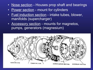 Nose section  - Houses prop shaft and bearings Power section  - mount for cylinders Fuel induction section  - intake tubes, blower, manifolds (supercharger) Accessory section  - mounts for magnetos, pumps, generators (magnesium) 