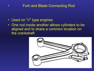 Fork and Blade Connecting Rod Used on “V” type engines One rod inside another allows cylinders to be aligned and to share a common location on the crankshaft 