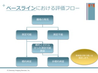 +
ベースラインにおける評価フロー
© Visionary Imaging Services, Inc.
腫瘍の発見
標的とされな
かった測定可能
病変
測定不能測定可能
非標的病変標的病変
新病変の取り扱いは
後述します。
 