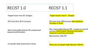 RECIST 1.0 RECIST 1.1
-Target lesion max-10: 5/organ.
-PD more than 20 % increase
-Non measurable disease PD unequivocal
requires confirmation.
-no Lymph node assessment clarity
-Target lesions max 5- 2/organ.
PD more than 20%increase with absolute
increase in 5mm.
Non measurable disease PD – impact on overall
survival confirmation required only when
response is primary end point.
New lesions, FDG PET
Short axis of Lymph node Normal <10mm.
 